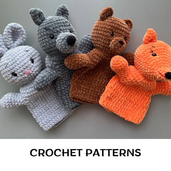 Crochet forest animals hand puppets bundle 4 in 1 Hand puppet show Amigurumi field animals patterns Toys glove patterns Rabbit Fox Wolf Bear