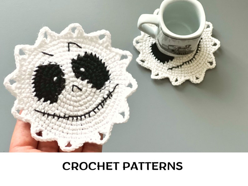 Crochet Skeleton Coaster pattern PDF Eyes coaster Halloween crochet patterns Creepy crochet Halloween table decor image 1