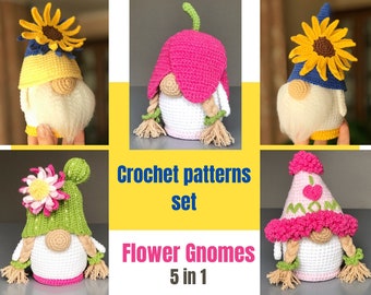 Ensemble de modèles de gnomes de fleurs au crochet Modèle de tournesol au crochet Modèle de crochet de tulipe Cactus Amigurumi Fleurs d'été Motifs de bundle Ukraine