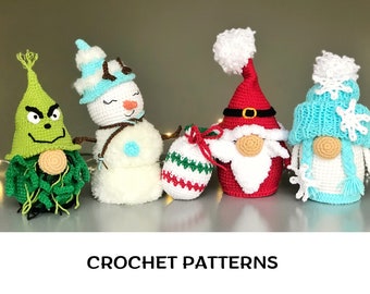 Christmas crochet gnome patterns set: 4 in 1 English PDF Amigurumi Christmas patterns Winter crochet gnomes Crochet holiday decor Funny