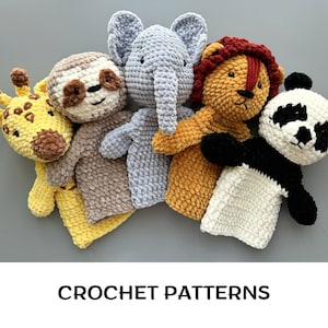May include: Five crocheted animal hand puppets: a yellow giraffe, a brown sloth, a gray elephant, a brown lion, and a black and white panda.  The puppets are arranged in a circle on a gray background. CROCHET PATTERNS is written below the puppets.
