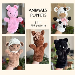 May include: Five crochet animal hand puppets: a pink pig, a brown horse, a white sheep, a black cat, and a white cow with black spots. The puppets are all in a hand-holding pose. The text "ANIMALS PUPPETS 5 in 1 PDF patterns" is at the top of the image.