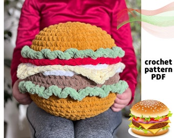 Giant crochet burger pattern PDF Burger plush pillow amigurumi Jumbo burger crochet pattern