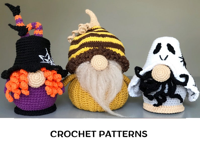 Halloween crochet gnomes patterns set Halloween amigurumi patterns Pumpkin Gnome pattern Gnome Witches Legs Pattern Gnost Gnome Pattern image 1