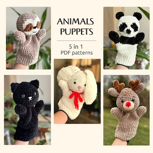 Könnte beinhalten: Eine Sammlung von fünf handgefertigten Tierpuppen, darunter ein Faultier, ein Panda, eine schwarze Katze, ein Hase und ein Rentier. Die Puppen sind aus weichem, strukturiertem Garn in verschiedenen Farben gefertigt und weisen detaillierte Gesichtszüge auf. Der Text "ANIMALS PUPPETS" und "5 in 1 PDF patterns" ist ebenfalls sichtbar.