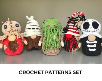 Crochet Halloween gnomes Amigurumi bundle patterns PDF Sam Crochet Skeleton gnome pattern Mummy Gnome Spider Gnome Cthulhu Amigurumi Pattern