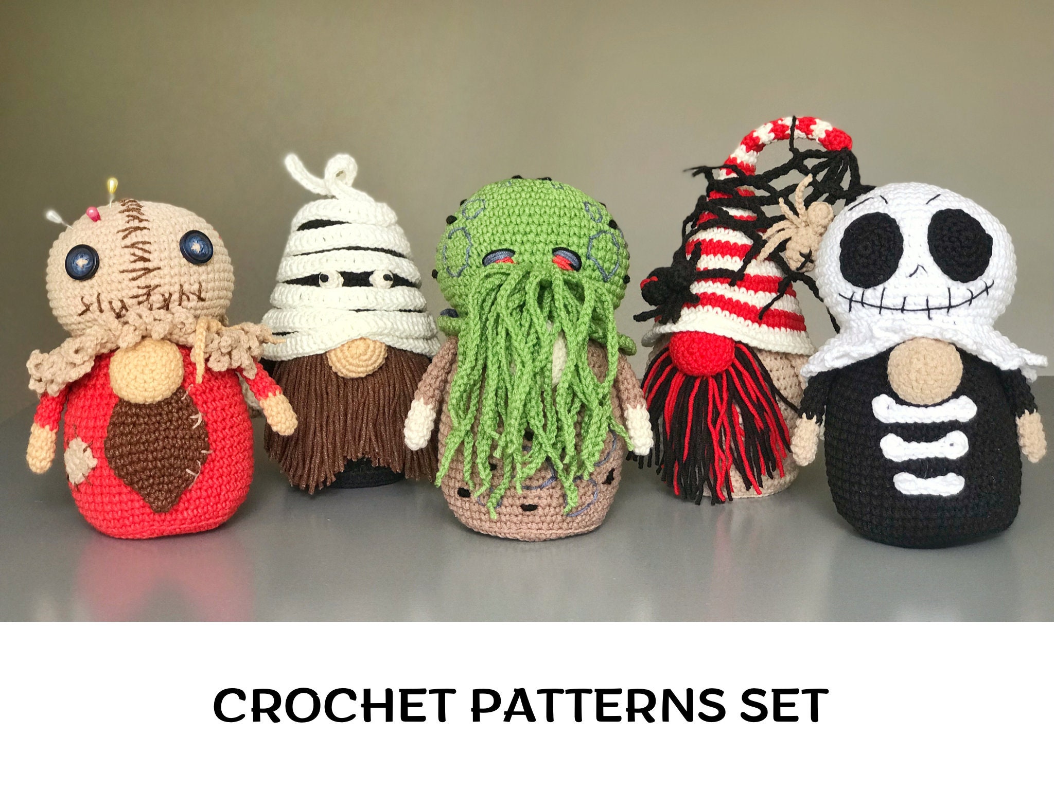 Crochet Halloween gnomes Amigurumi bundle patterns PDF Sam Crochet Skeleton gnome pattern Mummy Gnome Spider Gnome Cthulhu Amigurumi Pattern