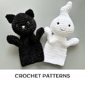 Modèles de marionnettes à main chat noir et fantôme au crochet PDF | Crochet effrayant | Motif au crochet de chat |  Fantôme Amigurumi | Crochet d'Halloween |