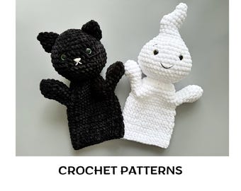 Patrones de marionetas de mano de gato negro y fantasma de crochet en PDF / Crochet espeluznante / Patrón de crochet de gato / Fantasma amigurumi / Crochet de Halloween /