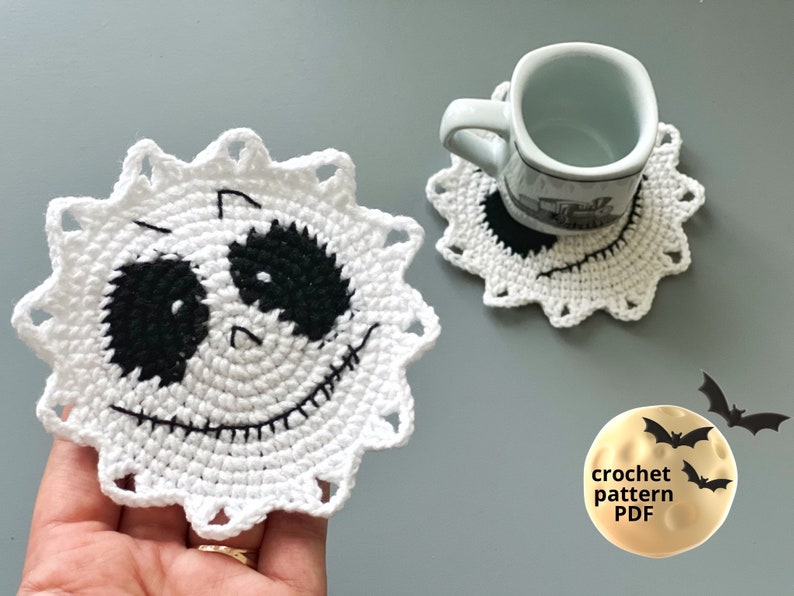 Crochet Skeleton Coaster pattern PDF Eyes coaster Halloween crochet patterns Creepy crochet Halloween table decor image 2