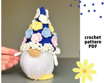 Crochet spring flowers gnome pattern PDF Crochet Birthday gnome amigurumi pattern Bouquet gnome pattern Crochet flower applique pattern