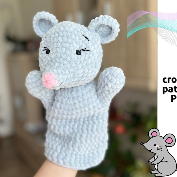 Crochet Mouse hand puppet pattern PDF Amigurumi hand puppets Easy crochet toys for puppet show Crochet animals patterns Mouse amigurumi toy
