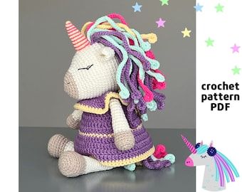 Crochet Unicorn Pattern PDF Amigurumi unicorn pattern Unicorn toy pattern Plush unicorn pattern Unicorn doll in dress pattern
