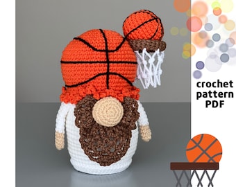 May include: Crochet pattern PDF for a basketball gnome amigurumi. The gnome is wearing a white hat with an orange basketball design and a brown beard. The gnome is holding a basketball in one hand and a basketball hoop in the other.