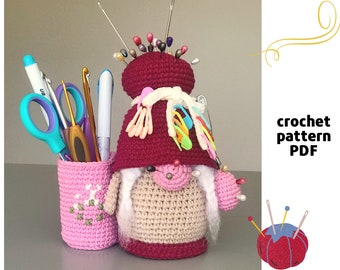 Crochet organizer gnome pattern PDF Crochet hooks holder pattern Crafter gnome amigurumi Hook Organizer Crochet supplies holder stationary