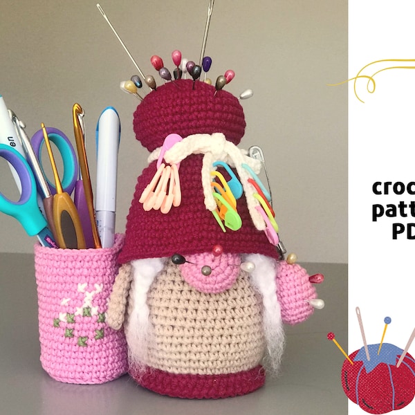 Crochet organizer gnome pattern PDF Crochet hooks holder pattern Crafter gnome amigurumi Hook Organizer Crochet supplies holder stationary