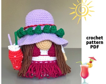 Patron de nain de dame cocktail PDF Patron de nain de cocktail au crochet Patron de milkshake au crochet Tutoriel amigurumi de gnome de vacances Patron de chapeau de plage