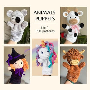 Peut inclure: Collection de cinq marionnettes animales faites à la main, dont un koala, une vache, une sorcière, une licorne et un taureau. Les marionnettes sont faites de fil doux et texturé de différentes couleurs. Le texte sur l'image indique "ANIMALS PUPPETS" et "5 in 1 PDF patterns".