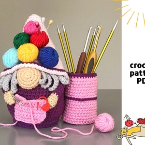 Crocheter gnome pattern PDF Knitter gnome amigurumi pattern Crochet hooks holder Organiser doll pattern Gnome Yarn Knots gnome Hooks storage