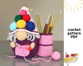 Crocheter gnome pattern PDF Knitter gnome amigurumi pattern Crochet hooks holder Organiser doll pattern Gnome Yarn Knots gnome Hooks storage