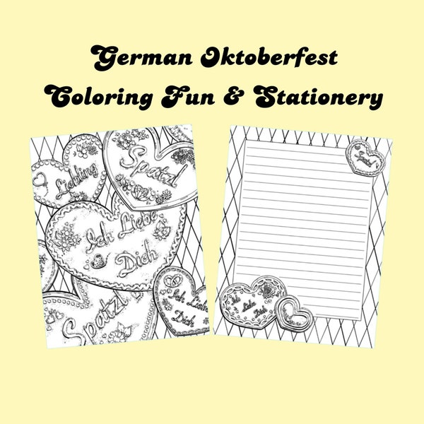 German Gingerbread Heart Printable Coloring Sheets, Oktoberfest Coloring Set, Lebkuchen Hearts, German Stationary, German Wedding, Download