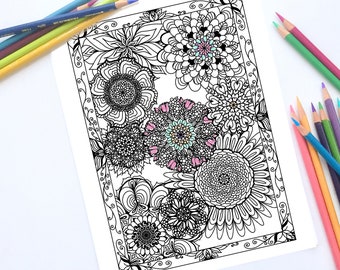 Mandala Coloring Page,  Relaxing Mandala Flower Garden Coloring Sheet, Floral Coloring Page, Instant Digital Download