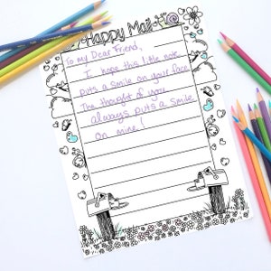 Papelería Happy Mail imprimible, Papelería Pen Pal, Descarga instantánea, Página para colorear imprimible, Papel para escribir cartas