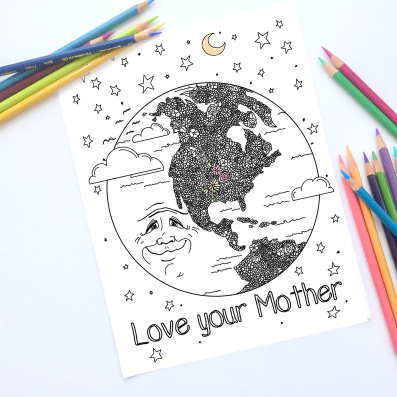 Mother Earth Coloring Page, Earth Day Coloring Sheet, Instant Digital