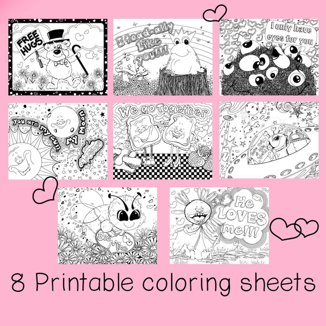 Set of 8 Love Themed Printable Coloring Sheets, Instant Download ...