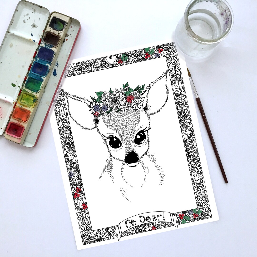 Oh Deer Coloring Page, Holiday Coloring Sheet, Deer Coloring Page