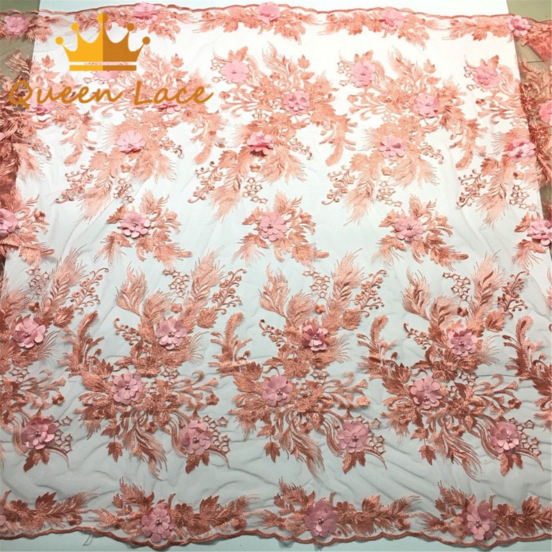 Peach 3D flowers African lace fabric beaded french lace fabric dubai appliques tulle lace bridal weddingparty dress lace 5 yards lot