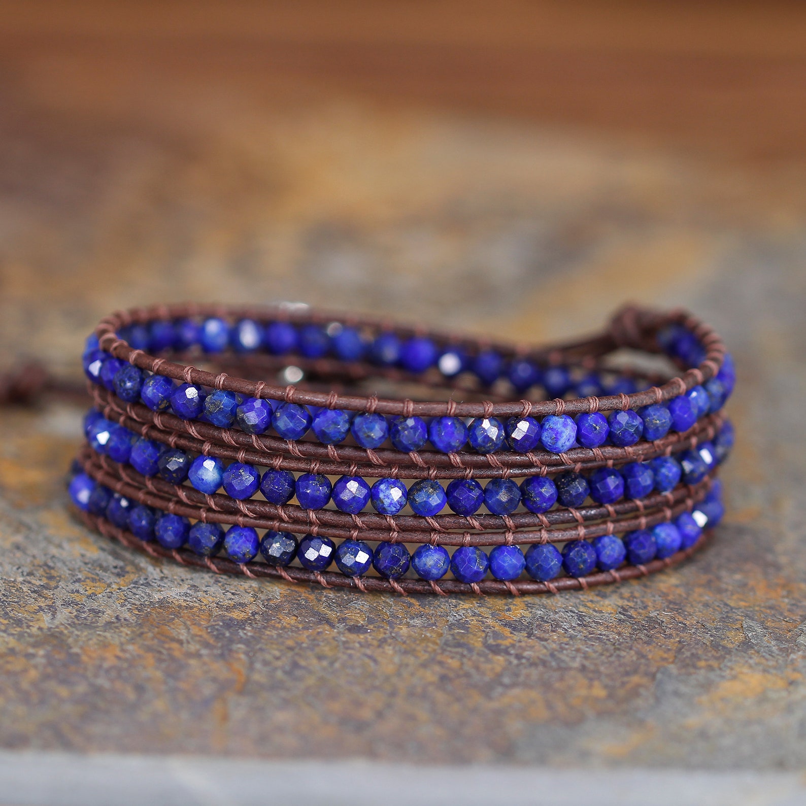 4mm Lapis Lazuli Beaded Leather wrap Bracelet Yoga 3 Times Etsy