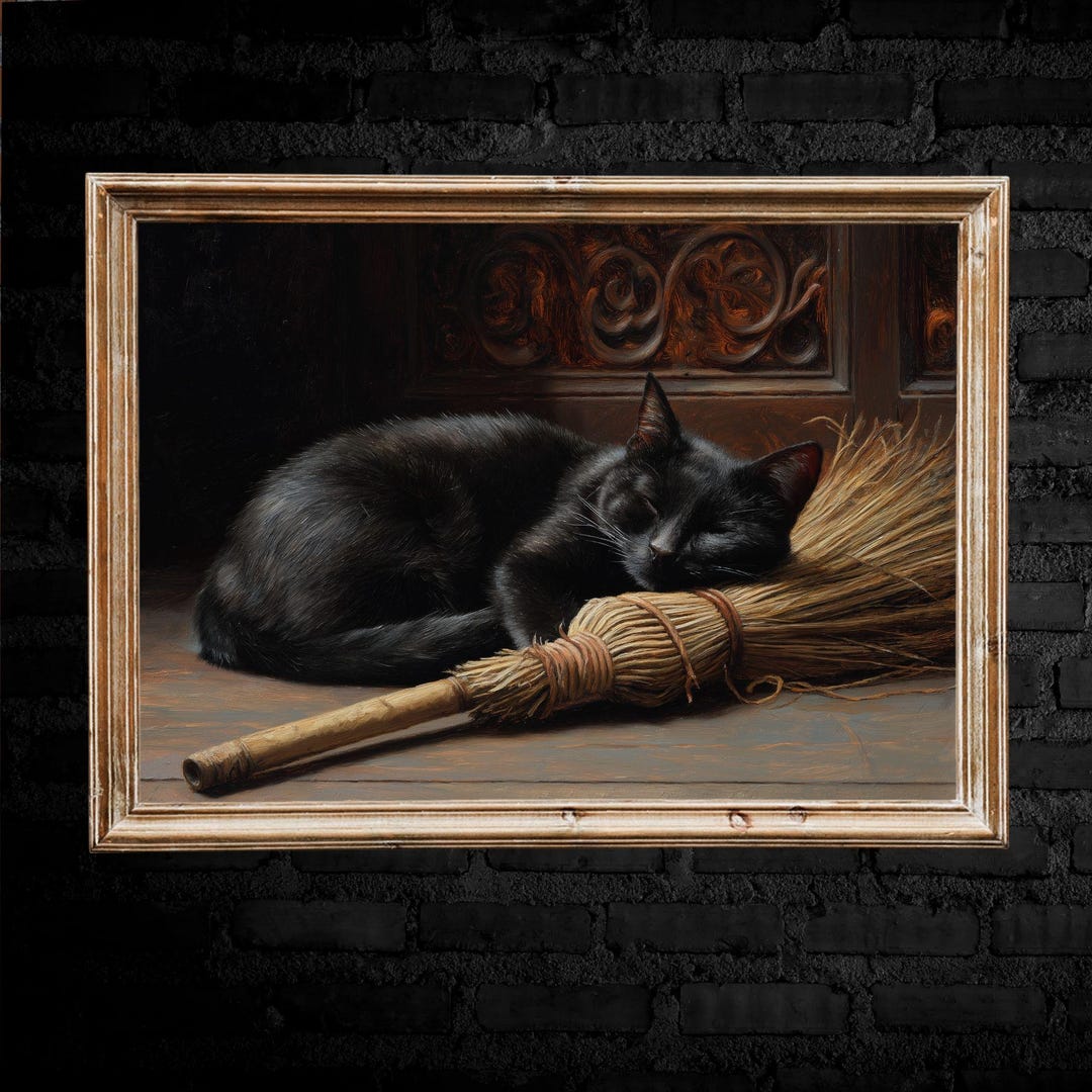 Black Cat Sleeping on Witch Broom Halloween Art | Witchy Printable Wall ...