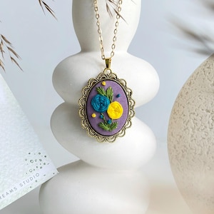 Hand Embroidered Necklace Pendant | Floral Embroidery Jewelry | Modern Vintage Jewelry | Gift for Her Women | One of a Kind