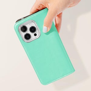 アクアマリン ターコイズ ウォレット フリップ フォン ケース、フェイクレザー カード ホルダー フォン ケース iPhone 16 15 14 Pro Samsung Galaxy S25 S24 S23 Plus Ultra