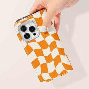 Funda tipo billetera abatible con tarjetero de piel sintética a cuadros naranja para iPhone 16, 15, 14, 13 Pro, Samsung Galaxy S25, S24, S23 Plus Ultra
