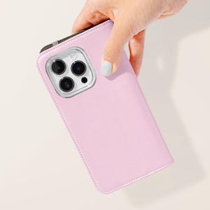 Capa de telefone tipo carteira tipo fólio rosa | Capa minimalista de couro sintético para cartão Samsung Galaxy S25 S24 S23 Plus Ultra iPhone 16 15 14 13 Pro
