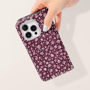 Custodia per telefono con portafoglio a libro floreale rosa bordeaux / Custodia porta carte in similpelle Samsung Galaxy S25 S24 S23 Plus Ultra iPhone 16 15 14 13 Pro