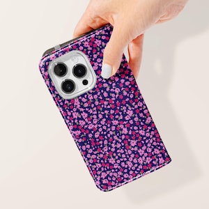 Capa de celular com flip floral roxa | Capa de celular com porta-cartões de couro vegano Samsung Galaxy S25 S24 S23 Plus Ultra iPhone 16 15 14 13 Pro