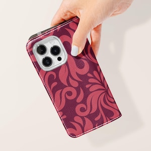 Rode bloemen esthetische folio portemonnee flip telefoonhoesje | Leren kaarthouderhoes Samsung Galaxy S25 S24 S23 Plus Ultra iPhone 16 15 14 13 Pro