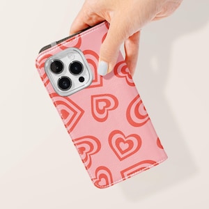 Funda para teléfono con tarjetero de piel sintética con diseño de corazones estéticos de San Valentín para iPhone 16, 15, 14 Pro, Samsung Galaxy S25, S24, S23 Plus Ultra