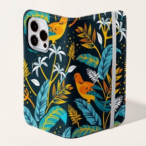 Capa de telefone carteira floral natureza pássaro azul | Capa de telefone porta-cartão de couro sintético Samsung Galaxy S25 S24 S23 Plus Ultra iPhone 16 15 14 13 Pro
