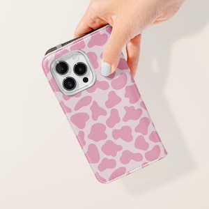 Funda para teléfono con tapa tipo billetera y tarjetero de piel vegana con diseño de vaca rosa para Samsung Galaxy S25, S24, S23 Plus, Ultra, iPhone 16, 15, 14 y 13 Pro
