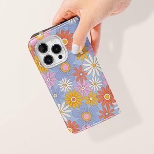 Funda para teléfono con billetera con diseño floral retro y moderno / Funda de piel sintética de los años 70 y 80 para iPhone 16, 15, 14 y 13 Pro, Samsung Galaxy S25, S24, S23 Plus Ultra
