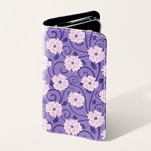 Funda para teléfono tipo billetera con diseño floral de margaritas y lavanda / Funda para teléfono con tarjetero de piel sintética para iPhone 16, 15, 14, 13 Pro, Samsung Galaxy S25, S24, S23 Plus Ultra