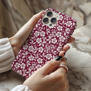 Maroon Red Floral Phone Case | Designer Phone Case iPhone 16 16e 15 14 13 12 Pro Max Samsung Galaxy S25 S24 S23 S22 S21 fe ultra pixel 9 8