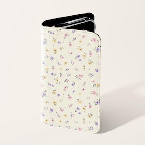 Beige Blumenmuster Handyhülle | Vegan Leder Handytasche iPhone 16 15 14 13 Pro Samsung Galaxy S25 S24 S23 Plus Ultra Ultra