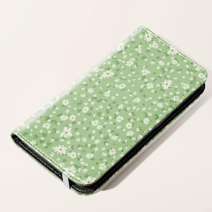 Funda para teléfono con billetera y diseño floral de margaritas verdes / Funda para teléfono con tarjetero de cuero vegano para Samsung Galaxy S25 S24 S23 Plus Ultra iPhone 16 15 14 13 Pro