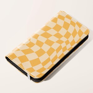 Funda tipo billetera abatible con tarjetero de piel sintética con cuadros amarillos para iPhone 16, 15, 14, 13 Pro, Samsung Galaxy S25, S24, S23 Plus Ultra