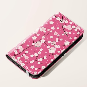 Capa de celular tipo carteira com flor de cerejeira rosa Sakura | Capa de celular com porta-cartões de couro vegano Samsung Galaxy S25 S24 S23 Plus Ultra iPhone 16 15 14 13